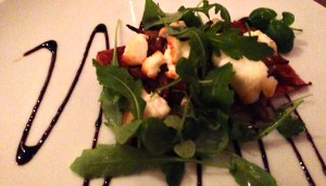 onion tart glazed with balsamic with goat's cheese, chives and winter salad at Purnell's Bistro Birmingham