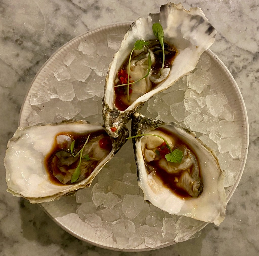 Three Oysters in their half shells on crushed ice