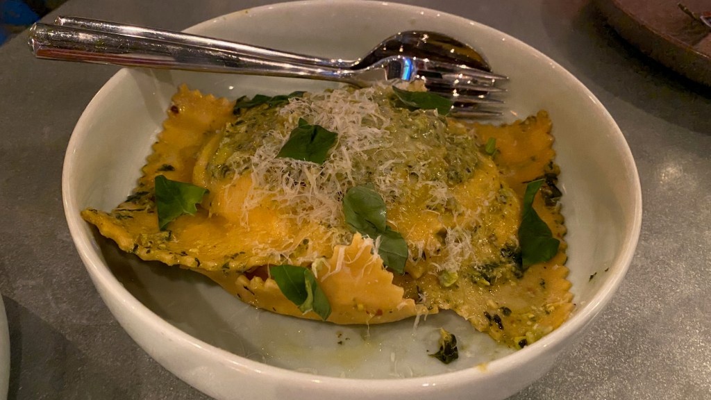 Giant ravioli in a bowl